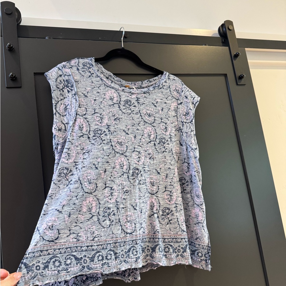 Free People Blue and Pink Floral Top